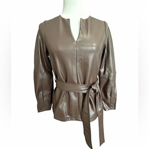 Banana Republic Vegan Leather Tunic Top Belted Chocolate Faux Leather XS NWOT